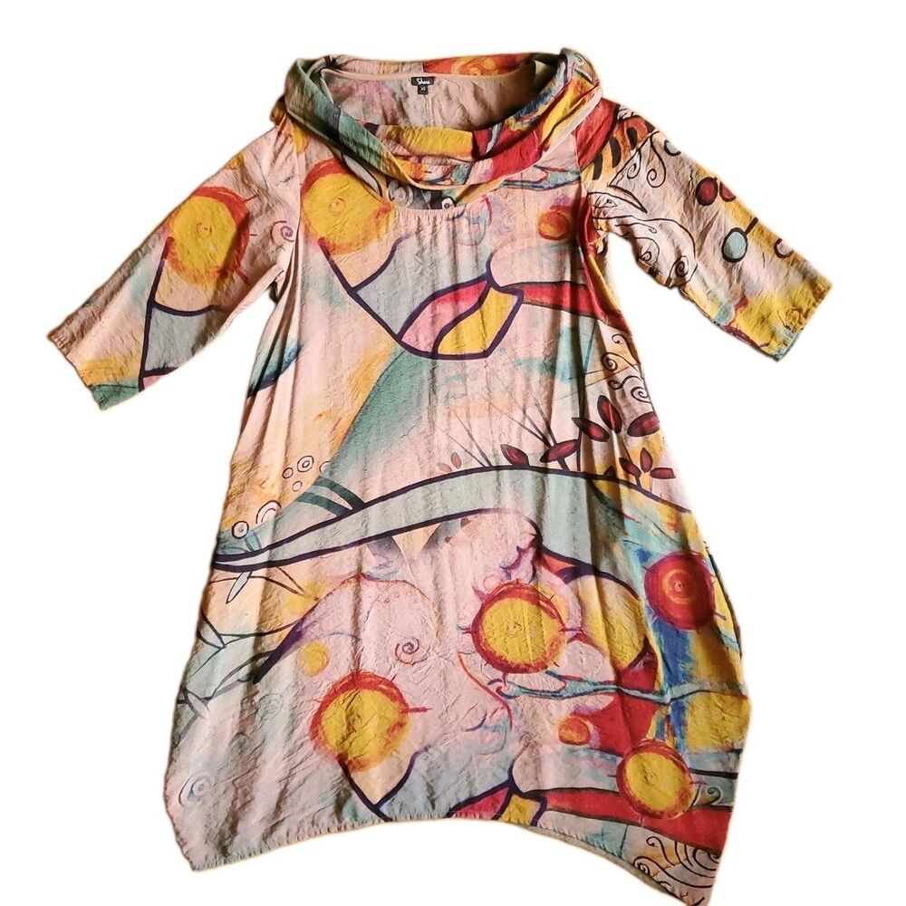 Shana Abstract Art Dress Sz XS Asymmetric Hem Lagenlook Artsy Brown Rayon Blend